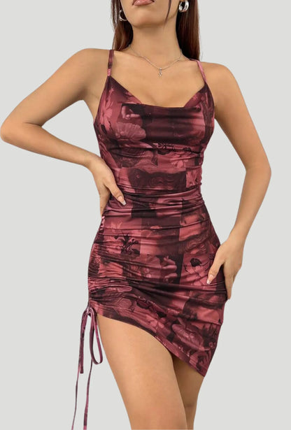 Vestido Bodycon Com Gola Drapeada Estampa Gráfica